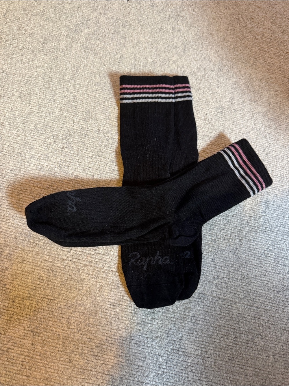 2 Pairs Rapha Merino Wool Black Cycling Crew Socks with Pink & White Stripes